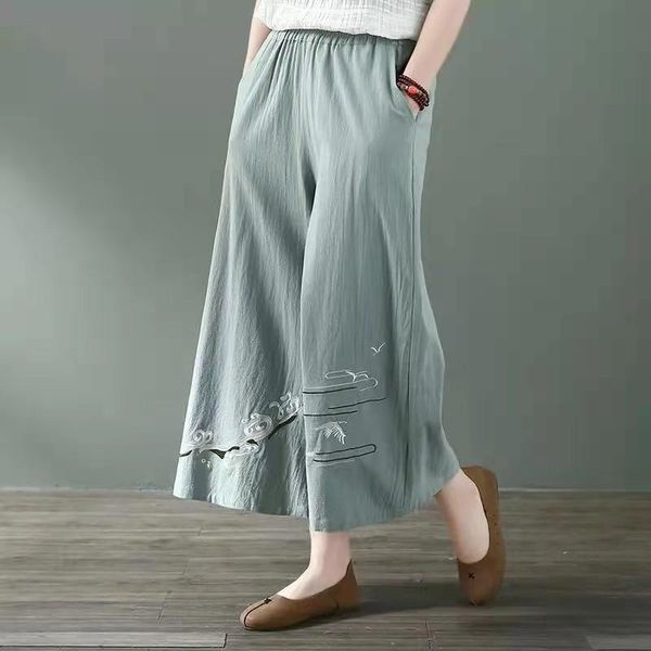 

women's pants & capris summer chinese style women casual loose elastic waist ankle-length wide leg embroidery cotton linen trousers hig, Black;white
