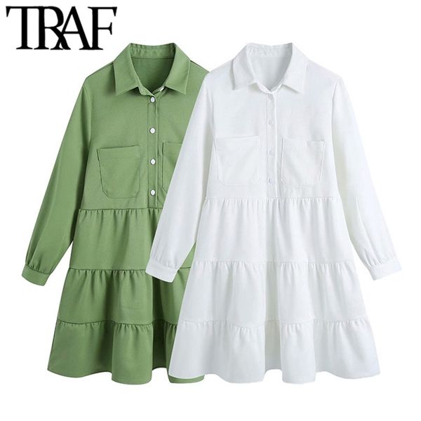 

women chic fashion with pockets ruffled mini dress vintage lapel collar long sleeve female dresses vestidos mujer 210507, Black;gray