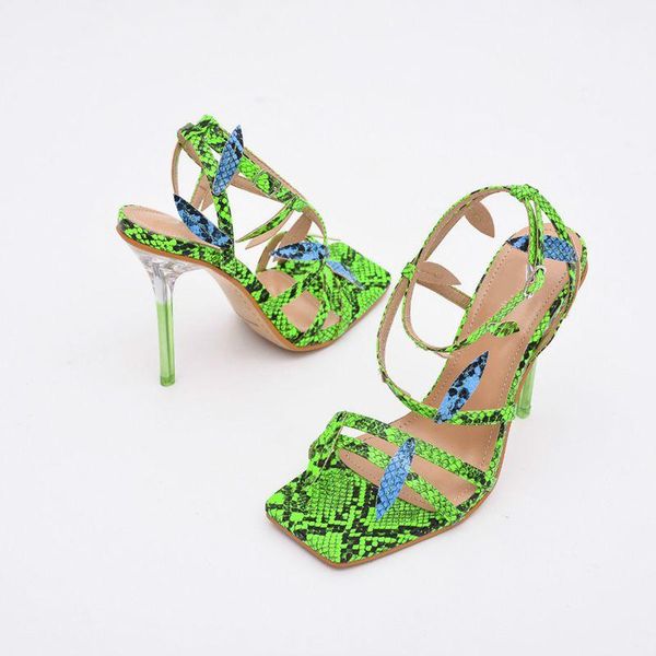 

sandals fashion leaves design green snake print summer women party shoes ankle buckle strap transparent crystal heels, Black