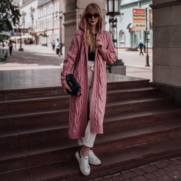 

women's knits & tees women coat jacket cardigan autumn and winter casual solid color hooded twist knitted long sweater, White