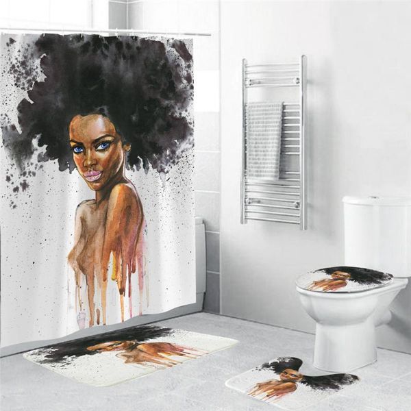 

shower curtains american style african curls woman pattern waterproof curtain bathroom with hook anti-slip mat toilet set