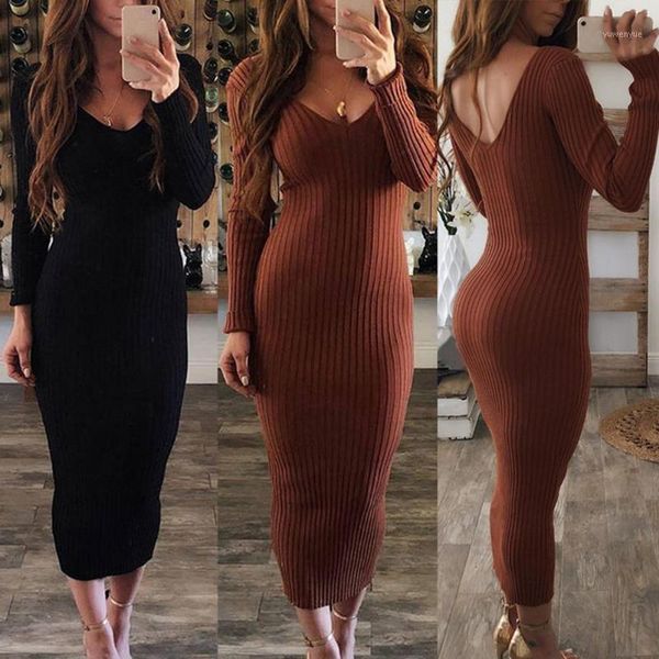 

casual dresses women dress winter 2021 knit sweater long sleeve v neck backless ribbed slim knitted midi korean, Black;gray