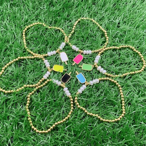 

link, chain 5pcs summer candy colors cream shape enamel pendant gold plated spacer beads bracelet for girl jewelry, Black