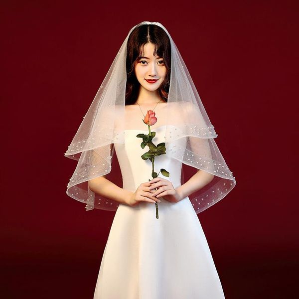 

bridal veils nzuk korean wedding veil tulle with pearls white ivory face two-layer for 2021, Black