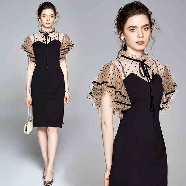 

summer luxury quality designer runway women black slim long dress business lady elegant polka dot print petal sleeve party dresses, Black;gray