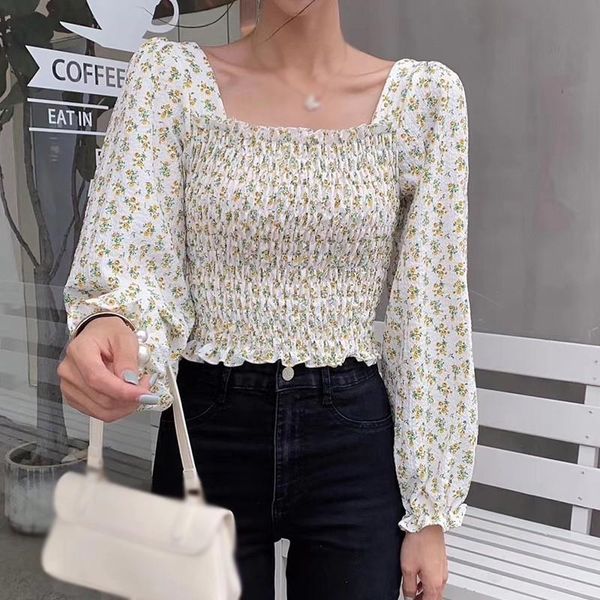 

women floral print square collor shirt casual chiffon blouse autumn fashion long sleeve blouses women's & shirts, White