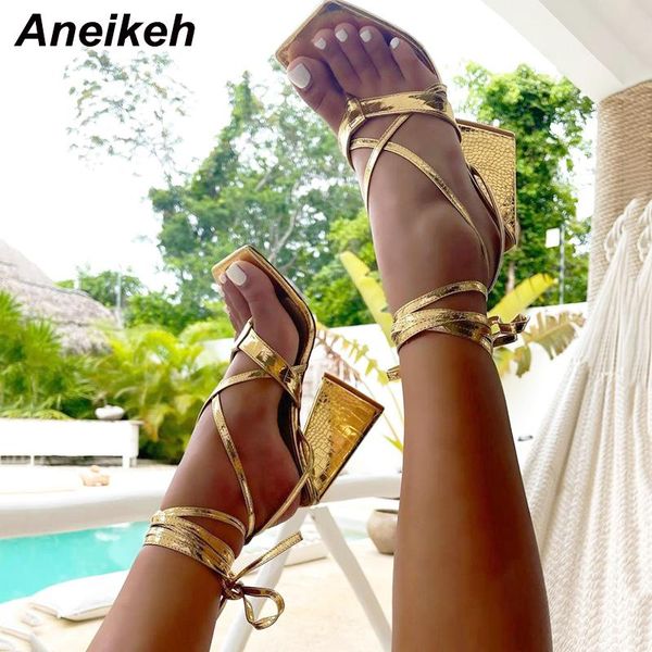 

dress shoes aneikeh 2021 pu narrow band gladiator women lace-up sandalias de las mujeres squared toe triangle heels solid size 35-41, Black