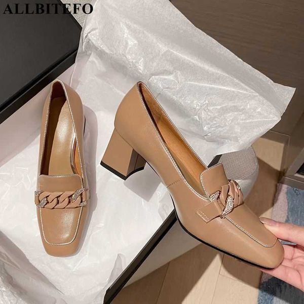 

allbitefo chain design square toe soft genuine leather high heels spring fashion high heel shoes women heels walking shoes 210611, Black