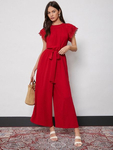 

butterfly sleeve self belted culottes jumpsuit e8rr#, White