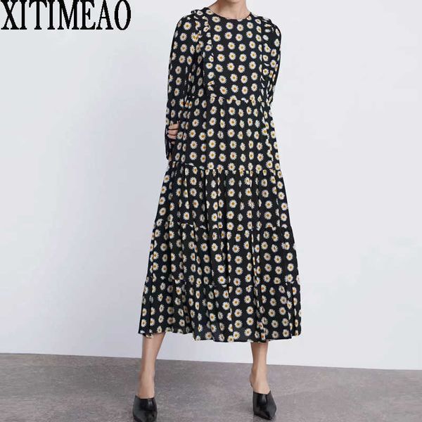 

za women retro floral print dress long sleeve o neck loose length party female ruffle lace overlay dess 210604, Black;gray