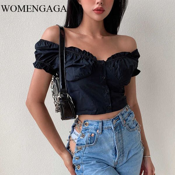 

buttons square collar puff sleeve shirt women's navel short slim all-match blouse girl female qz07 210603, White