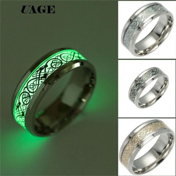 

cluster rings uage fashion luminous plated silver ring dark golden dragon inlay green background men fluorescent glowing, Golden;silver