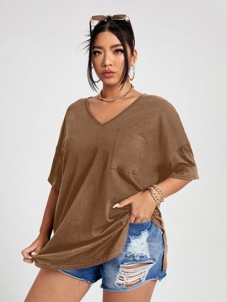 

plus solid v-neck tee p9qp#, Black