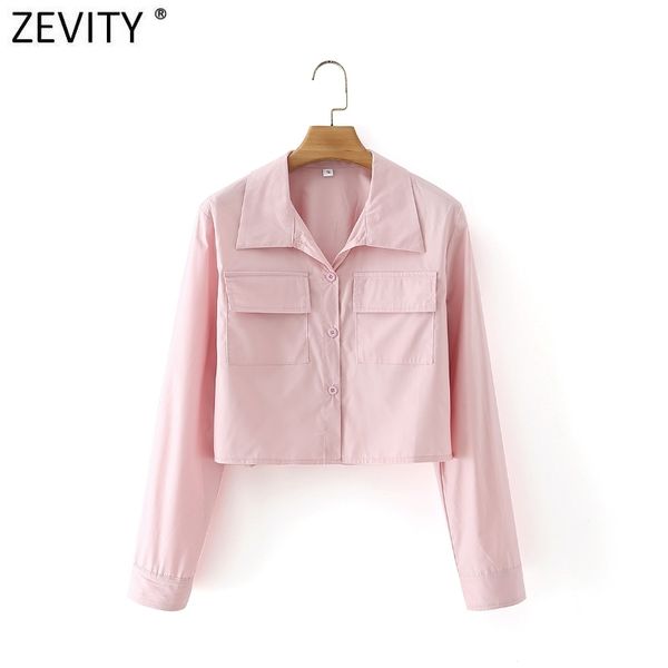 

zevity women safari style long sleeve pink color short shirt female simply double pockets blouse roupas chic chemise ls9062 210419, White