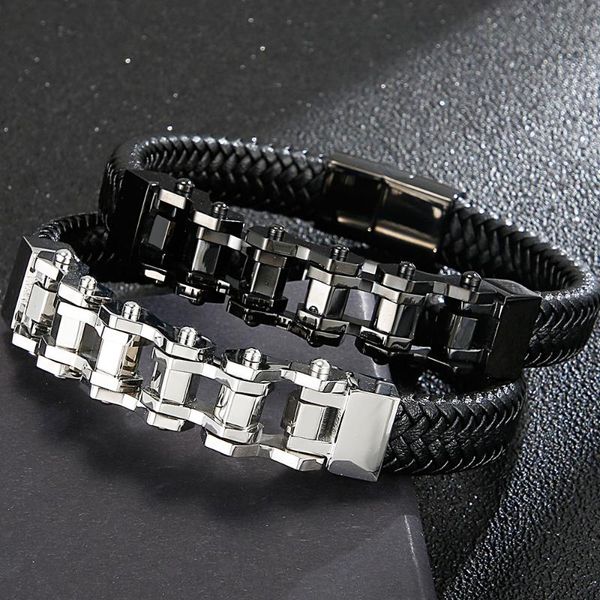 

tennis bicycle chain leather sport wristband bangle bracelet men black stainless steel mens wrap bracelets biker accessory name engrave, Golden;silver