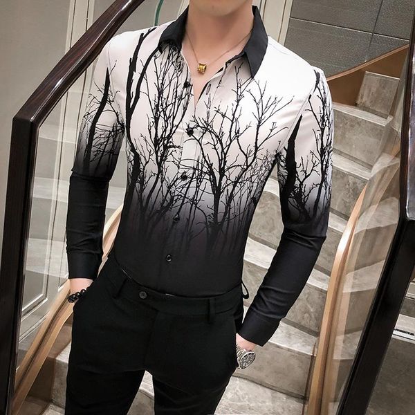 

men clothing 2021 spring floral shirt gradient color long sleeve shirts night club prom blouse men's casual, White;black