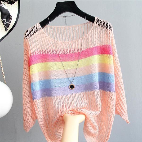 

women's sweaters women loose pullover femme colourful striped round neck hollow out pullovers knitted thin sweater 2021 spring, White;black