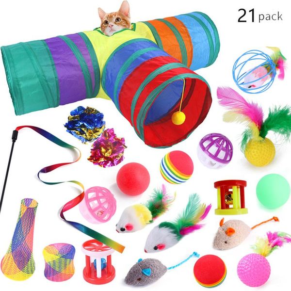 

cat toys 21pcs/set collapsible tunnel mouse shape balls for cats kitten funny interactive feather stick toy pet playing supplies