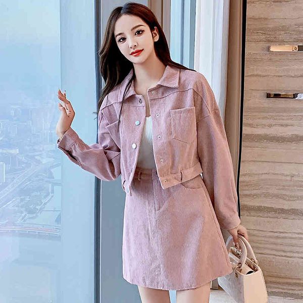 

knits make hire loose corduroy joker bust skirt high waist short coat suits, White