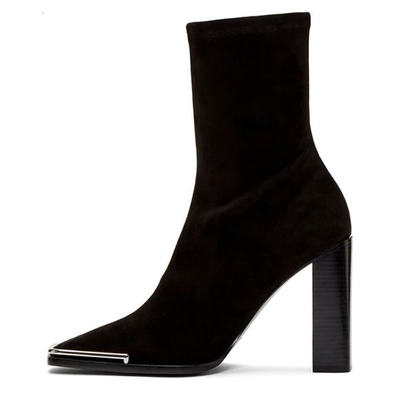 

metal toe women's boots runway high botas mujer snakeskin pattern zip booties femme square heels winter chaussures yzc4, Black