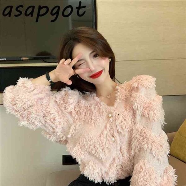 Asapgot moda chique coreia pelúcia v-pescoço tassel camisolas casaco outono inverno espesso rosa selvagem de manga longa cardigan top doce 210812