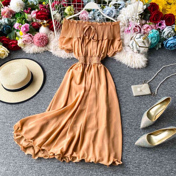 

holiday women chiffon dress summer elegant slash neck short sleeve ruffle a-line casual vintage dresses for female vestidos 210426, Black;gray