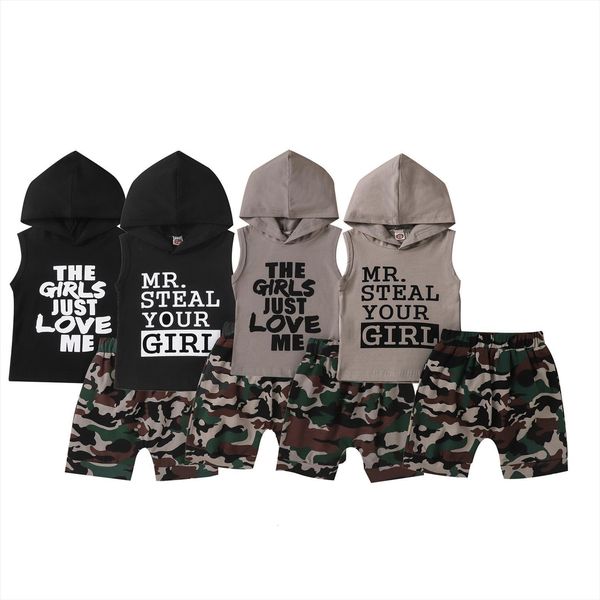 

summer kids boys vest suit fashion letter hooded sleeveless camouflage short pants set clothes, White