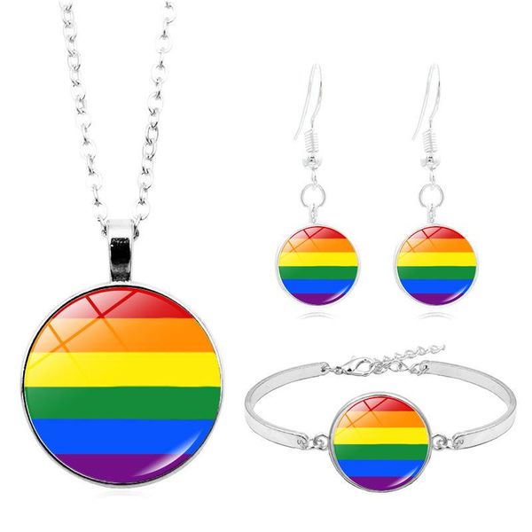 

earrings & necklace rainbow colorful jewelry sets gay pride round pendant for women adjustable chain bracelets dangle, Silver
