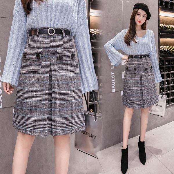 

make a paragraph cloth bust grows in winter one pace skirt of tall waist word thin grid skirts, Black