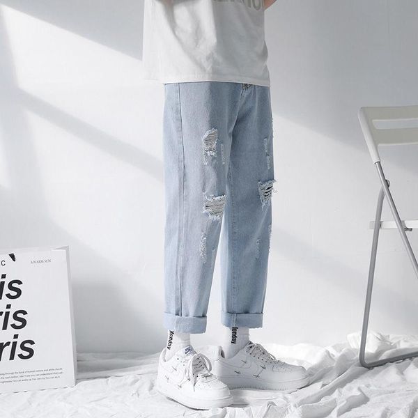 

men's jeans men pants ripped for straight leg cropped loose fall hip hop sport college tidal current surprise price direct selling, Blue