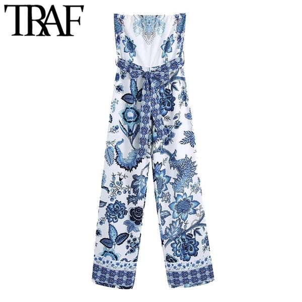 Mulheres Chic Moda Com Cinto Floral Cópia Ampla perna Jumpsuits Vintage Backless Zipper Feminino Playsuits Mujer 210507