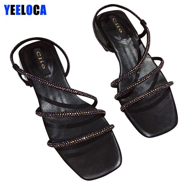 Sapatos de vestido yeloca sandálias mulheres verão aberto toe hoof saltos medinho bling string corda corda moda cinta de tornozelo deslizamento na mulher negra ocasional