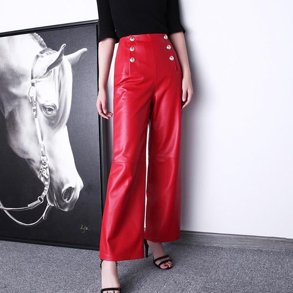 

women's pants & capris autumn designer high-rise leather wide-leg fashion double-breasted c058, Black;white
