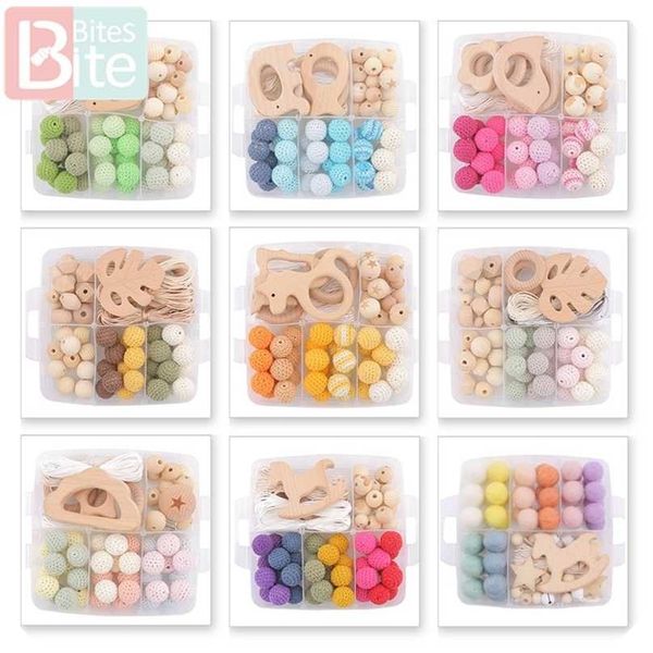 

bite bites 1set baby teether diy silicone beads pacifier clip chain mobile wool ball bpa wooden crochet 211106