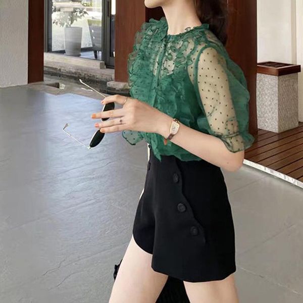 

women's tracksuits high street stylish 2021 runway suit set o-neck puff sleeve ruffles polka dot blouse shirt shorts, Gray