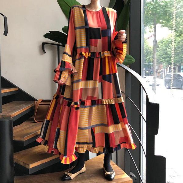 

korean color plaid vestido round neck wooden ear stitching loose big swing pleated flared sleeve women dress 2021 casual dresses, Black;gray