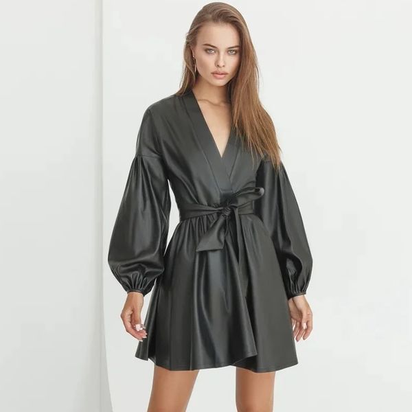 

women deep v neck front cross sashes vintage a line dress lantern sleeve elegant dress spring casual women mini dress 210412, Black;gray