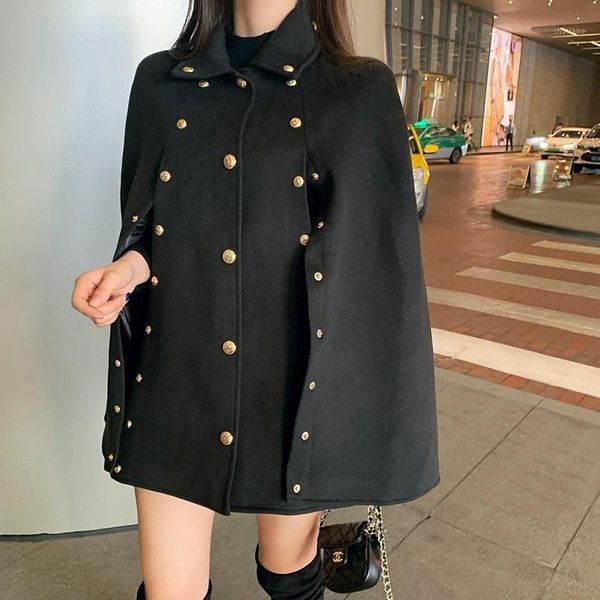 

women's wool & blends winter woolen cape coat fashion loose retro long sleeve harbour style web celebrity versatile cost, Black