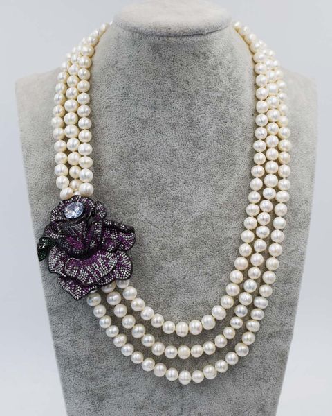 

3rows freshwater pearl necklace white round 8-9mm wholesale pink flower prndant gift 19-21inch, Silver