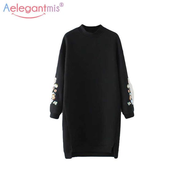 Aelegantmis Autunno Lungo Sciolto Ricamo Felpe Donna Casual Pullover Felpe Moda Donna High Low Split Outwear 210607