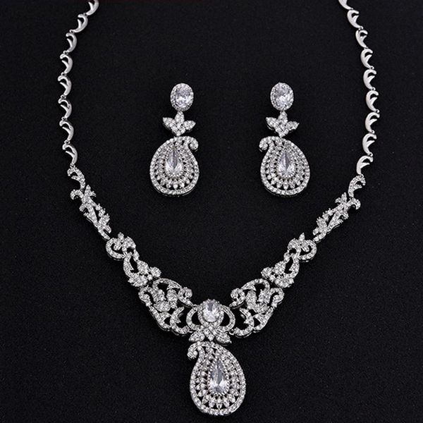

earrings & necklace 2021 luxury european and american style cubic zirconia water drop bridal wedding jewelry sets, Silver