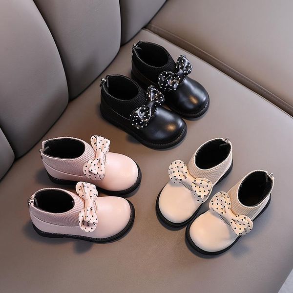 

boots girls platform fashion little princess kids shoes for girl with butterfly solid sock soft warm autumn short, Black;grey