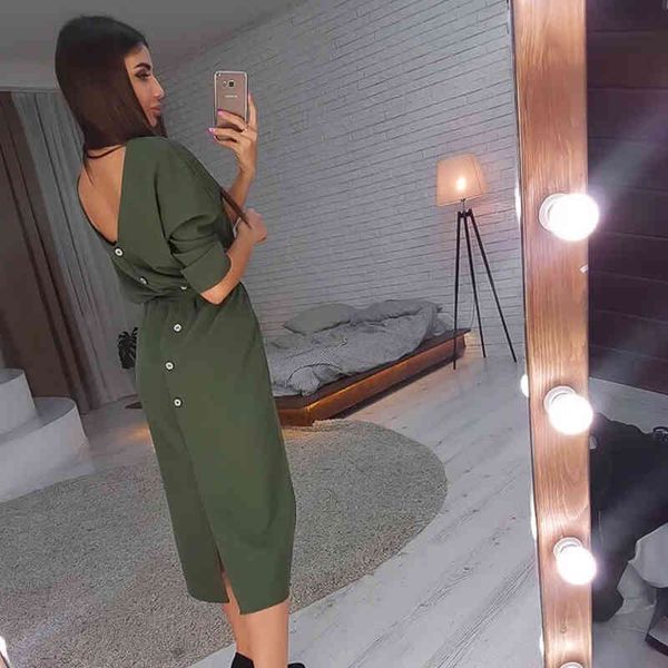 

dresses women vintage back button sashes straight half sleeve v neck solid elegant casual autumn fashion dress, Black;gray