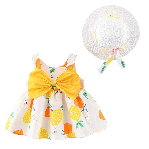 

girl's dresses lemon fabric cotton summer baby girls dress toddler outfit + hat for beach vacation kids clothes, Red;yellow