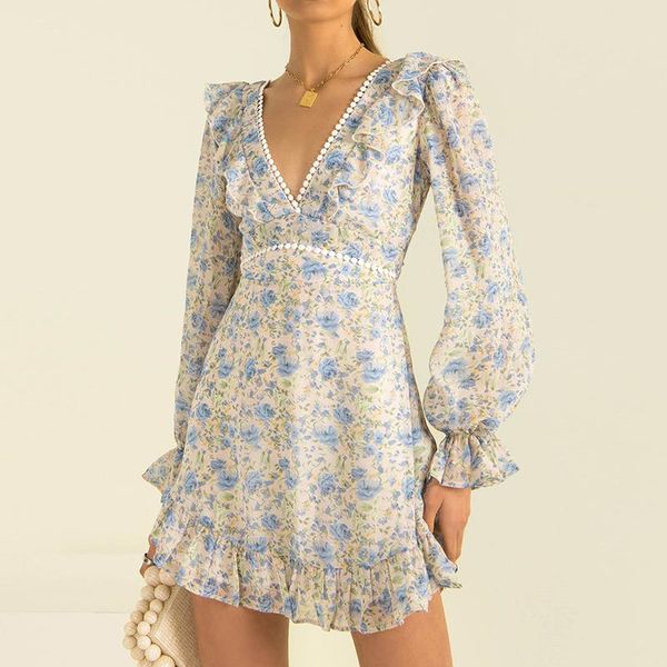 

casual dresses autumn women v-neck ruffles dress a line print long sleeve back lace up 2021 female holiday party, Black;gray