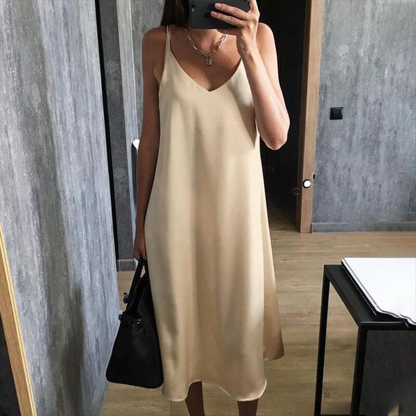 

satin chic v neck womens dresses camisole casual solid long loose slip summer home beach robe, Black;gray