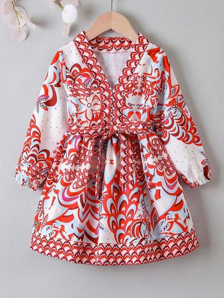 

toddler girls floral print bishop sleeve belted dress she, Red;yellow