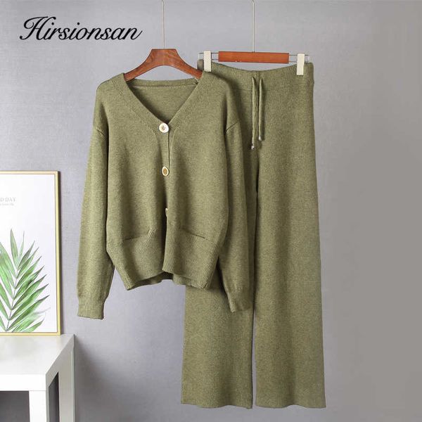 

hirsionsan 2 pieces knitted set tracksuit v neck cardigan & high waist pants loose soft chic sweater outwear lady 210930, White