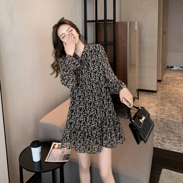 

casual dresses autumn hight waist long sleeve printed dress women elegant bow lace up o-neck chiffon all-match black mini vestido, Black;gray