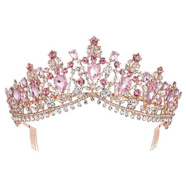 Baroque Gold Gold Pink Crystal Bridal Bridal Tiara Corona con pettine Pageant Prom Veil Fascia per matrimoni Accessori per capelli da sposa 211006